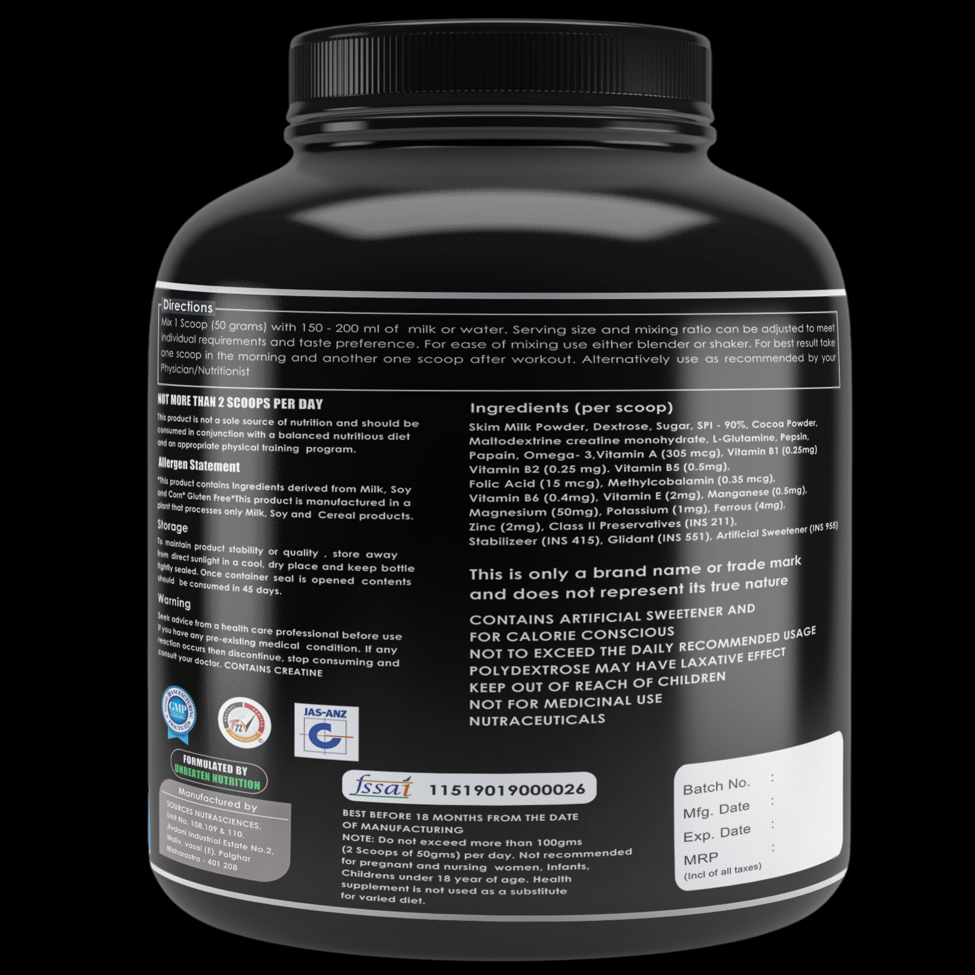 Real mass 3kg unbeaten nutrition